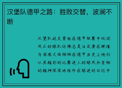 汉堡队德甲之路：胜败交替，波澜不断