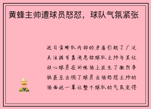 黄蜂主帅遭球员怒怼，球队气氛紧张